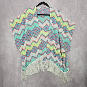 OP White Chevron Wrap Fringe Boho Beach Swim Cover Up Duster Kimono Medium M 7-9